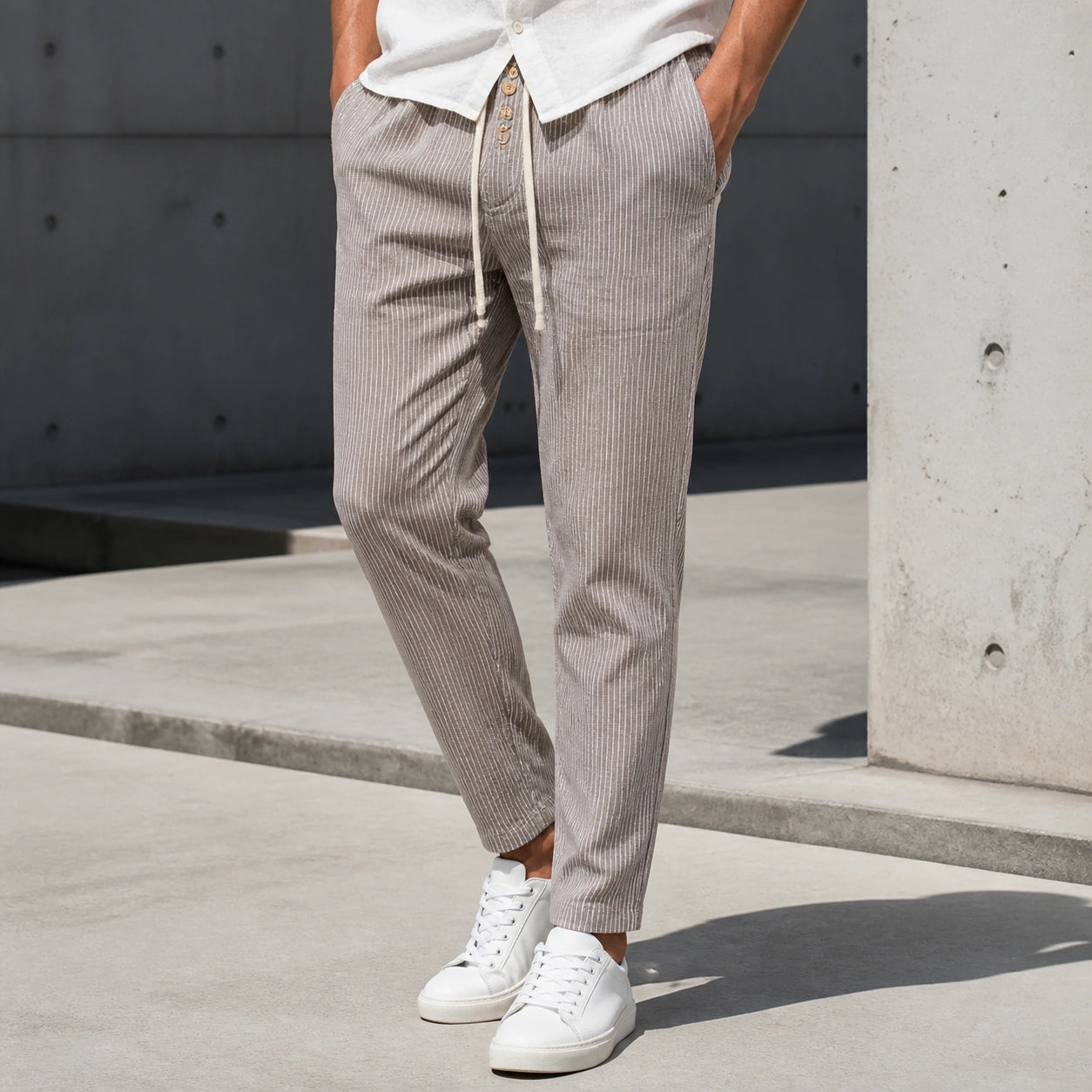 Стилни мъжки райе панталони с копчета и връзки - Pantalon4 lifestyle front