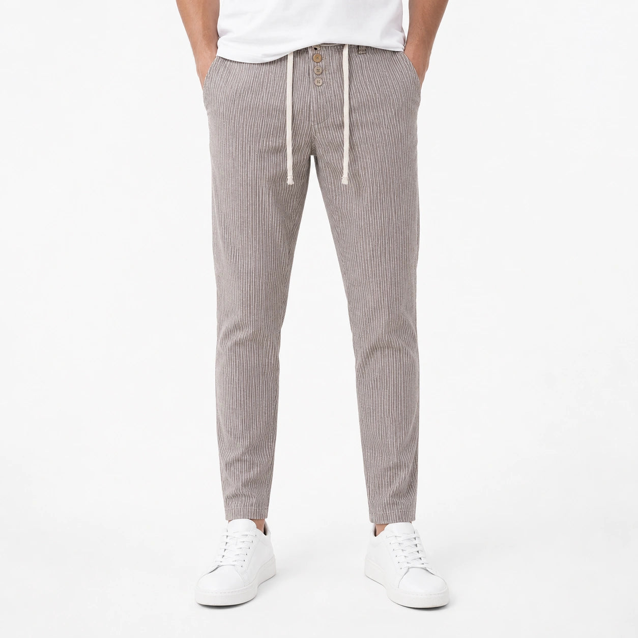 Стилни мъжки райе панталони с копчета и връзки - Pantalon4 studio front