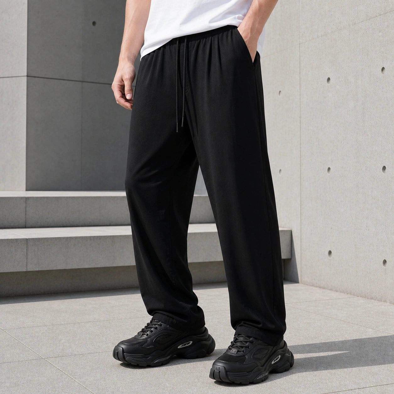 Стилни черни мъжки панталони с еластична талия - Pantalon6 lifestyle front