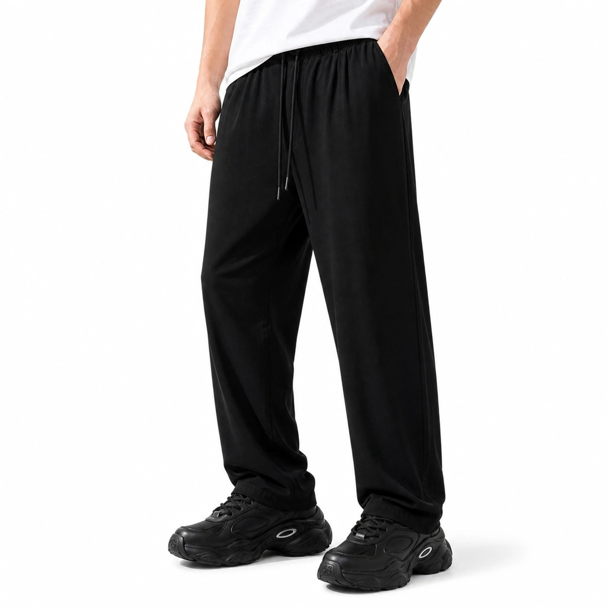 Стилни черни мъжки панталони с еластична талия - Pantalon6 studio front