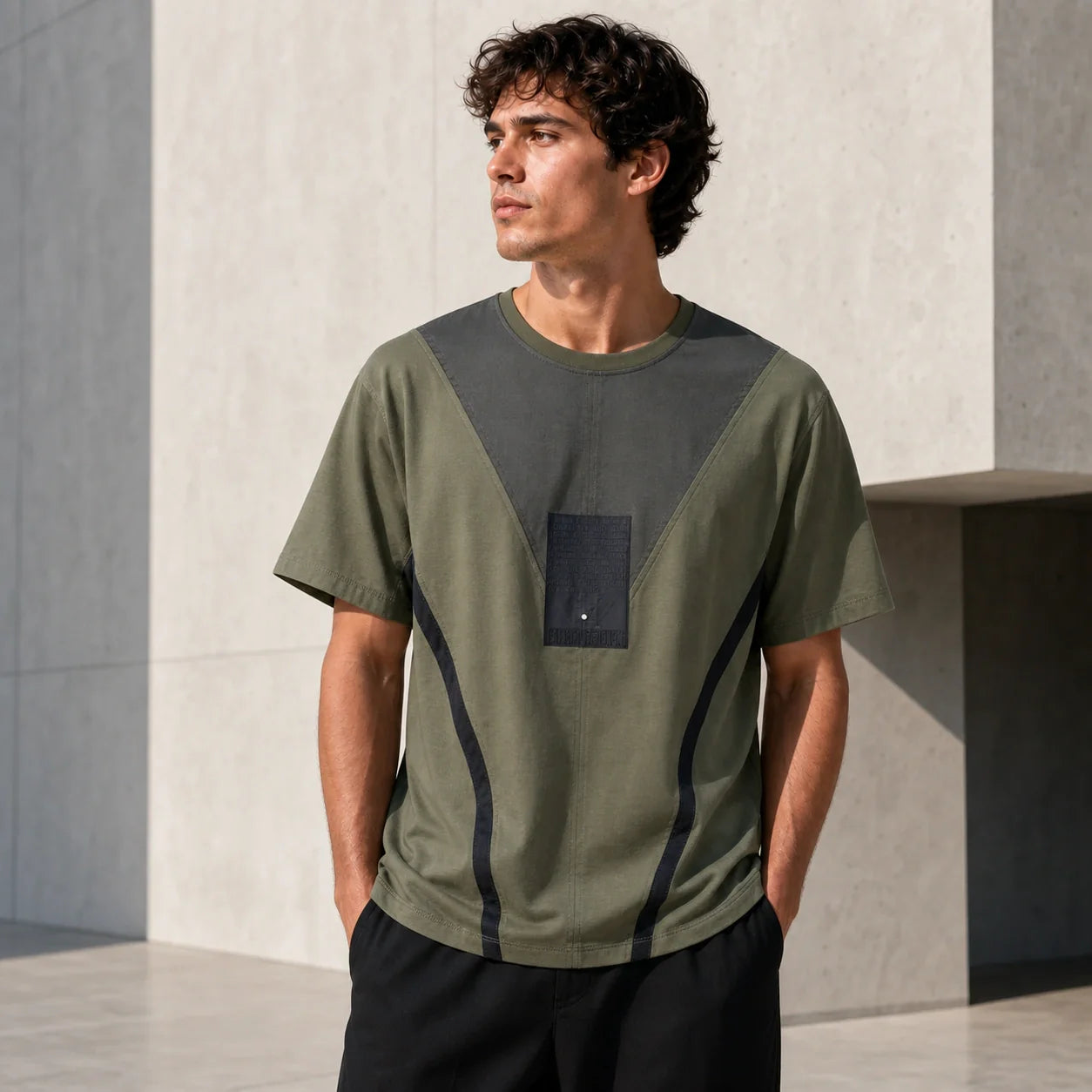 Масленозелена мъжка тениска с тъмен джоб акцент - Shirt1 lifestyle front