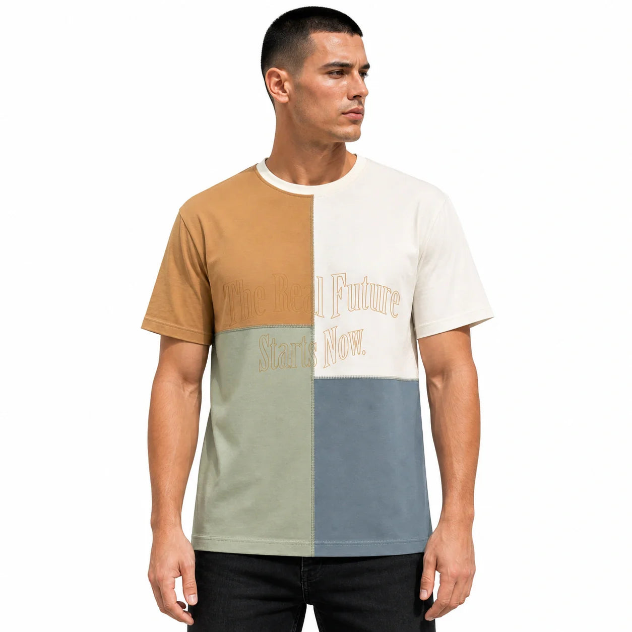 Мъжка тениска колор блок в бяло, бежово и зелено - Shirt1 studio