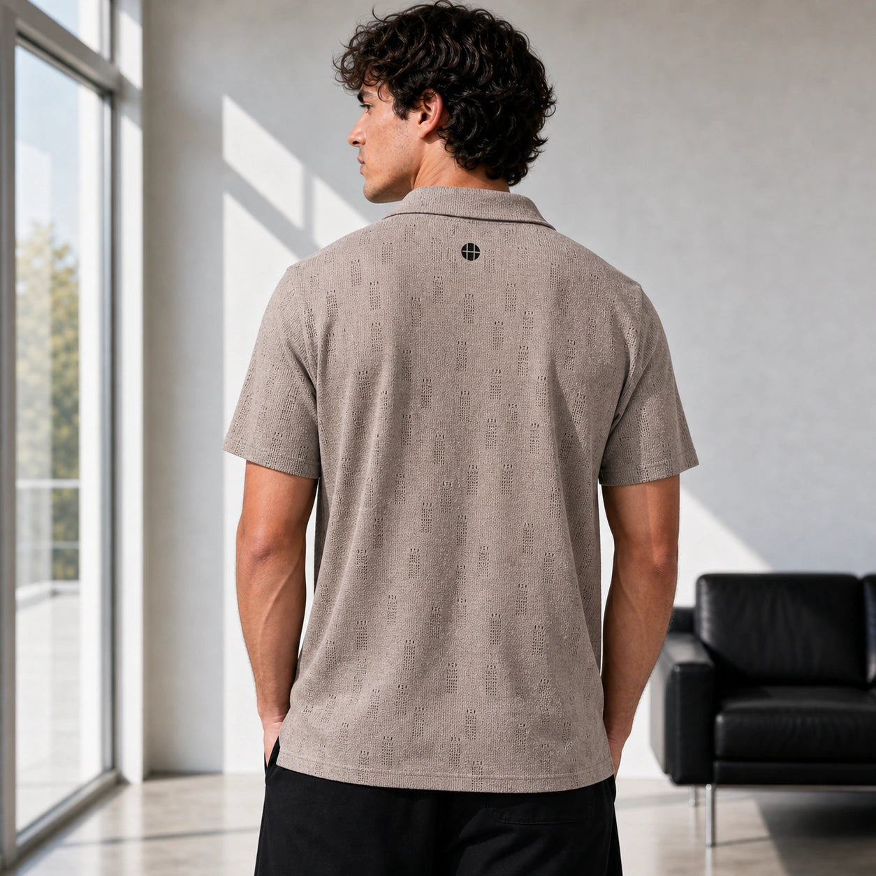 Стилна бежова мъжка риза с къс ръкав и текстура - Shirt10 lifestyle back