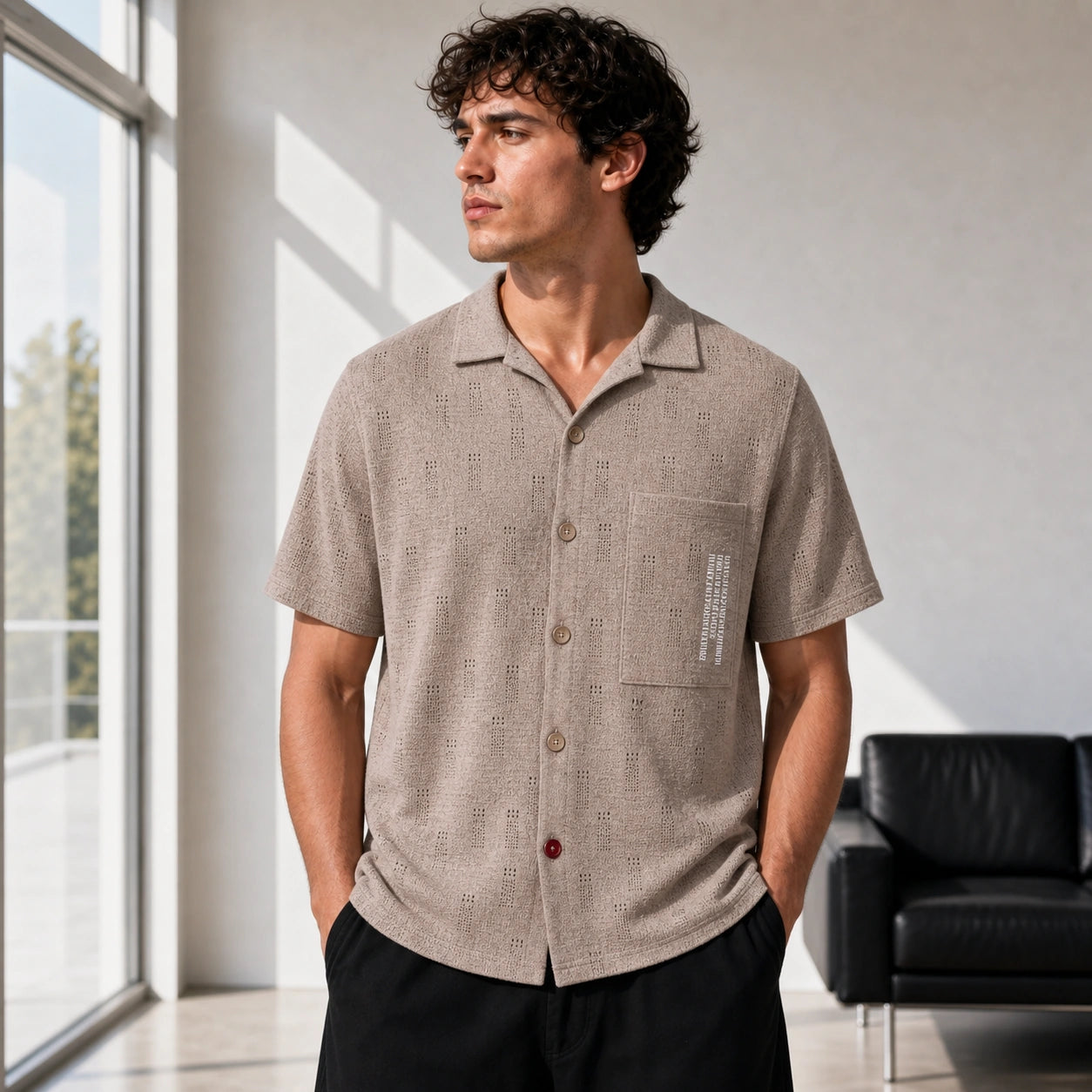 Стилна бежова мъжка риза с къс ръкав и текстура - Shirt10 lifestyle front