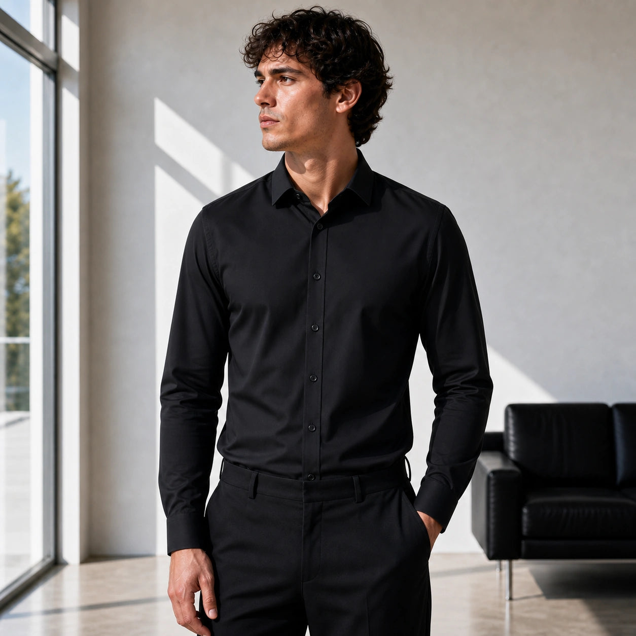 Стилна мъжка елегантна риза с дълъг ръкав - Shirt4 black lifestyle front
