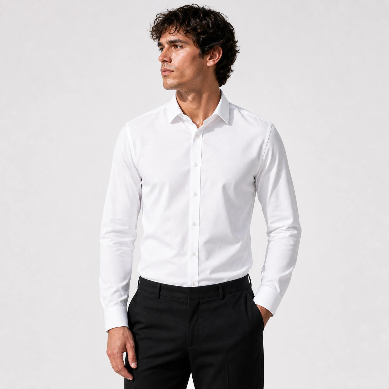 Стилна мъжка елегантна риза с дълъг ръкав - Shirt4 white studio front