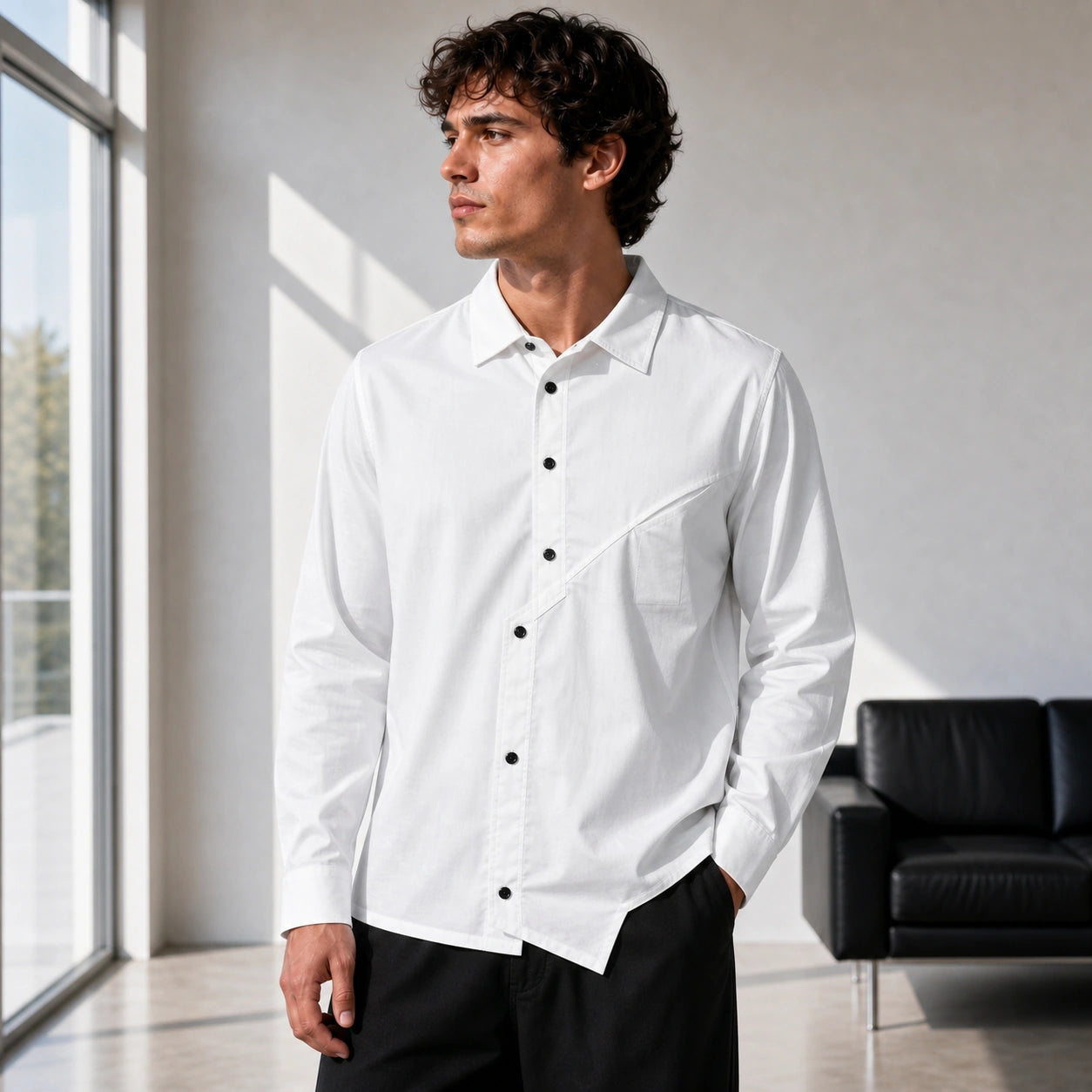 Стилна бяла мъжка риза с контрастни копчета - Shirt5 lifestyle front