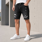 Черни мъжки къси дънки с накъсвания и кръпки - Shortjeans10 lifestyle front