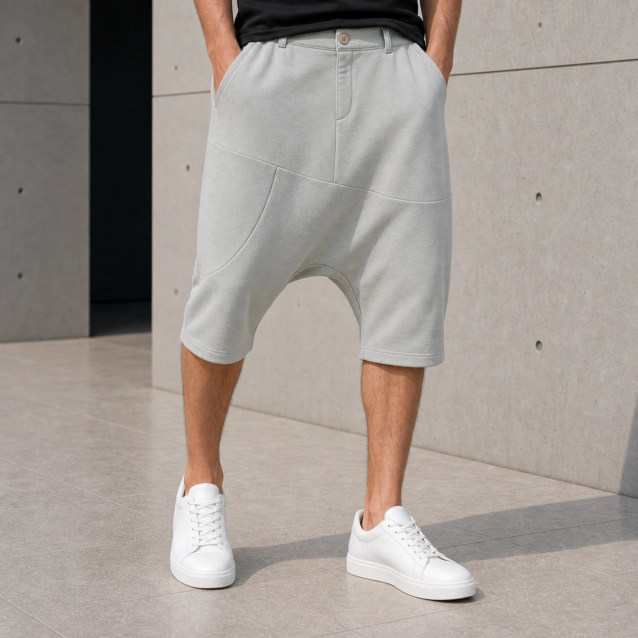 Мъжки къси панталони с ниско дъно в сиво и черно - Shortjeans2 lifestyle front