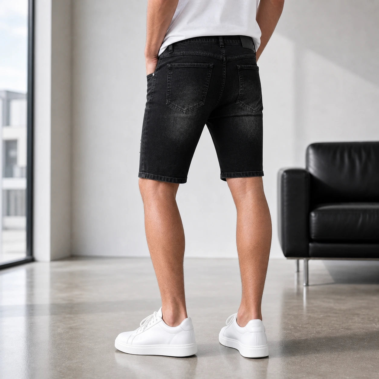 Черни мъжки къси дънки с цип и арт ефект - Shortjeans7 lifestyle back