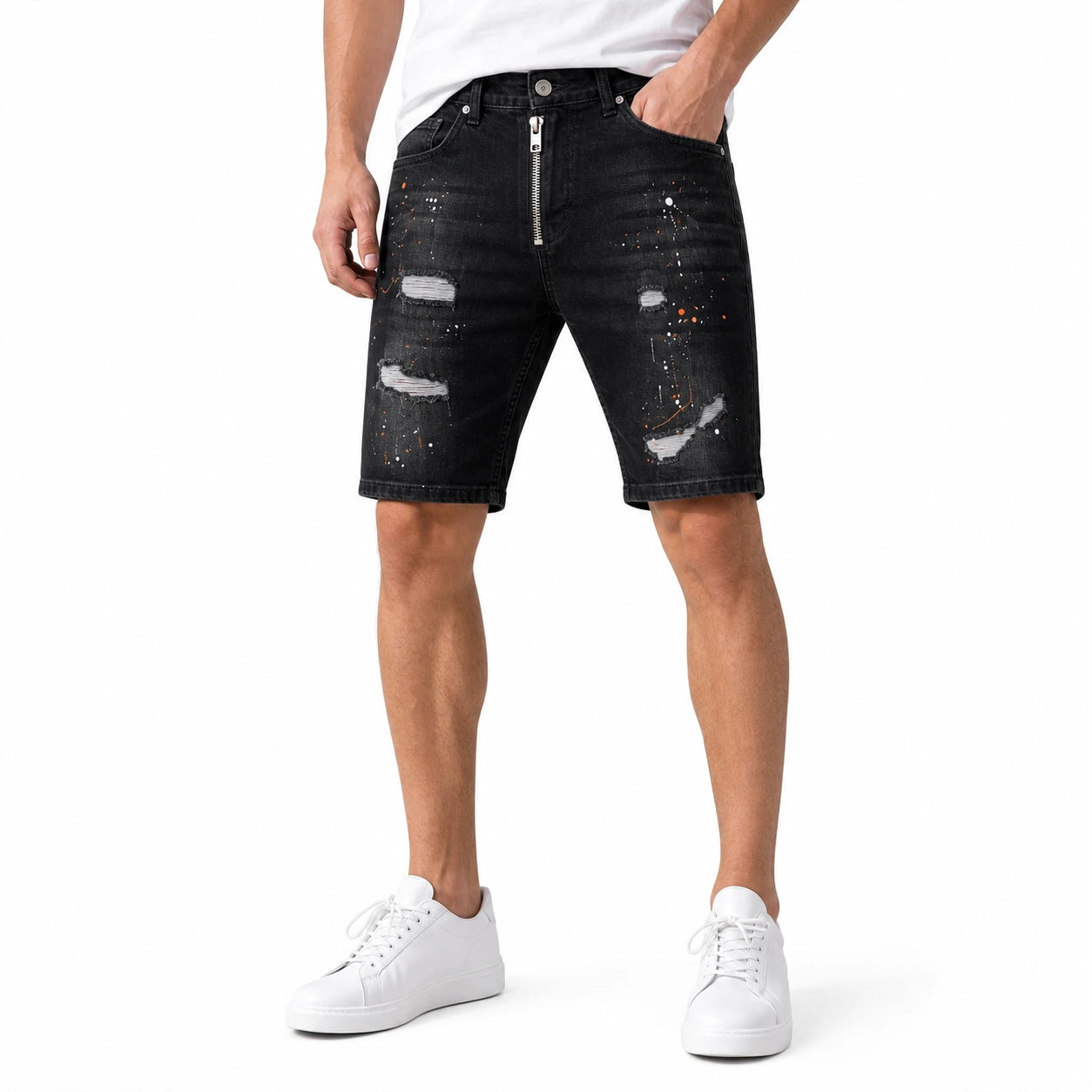 Черни мъжки къси дънки с цип и арт ефект - Shortjeans7 studio