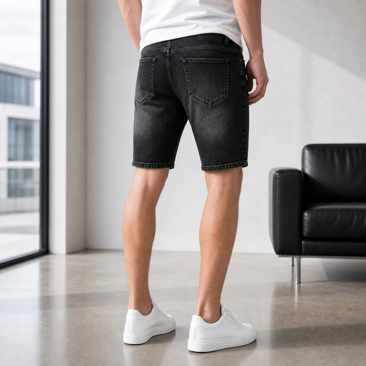 Черни мъжки къси дънки с декоративни кръпки - Shortjeans9 lifestyle back