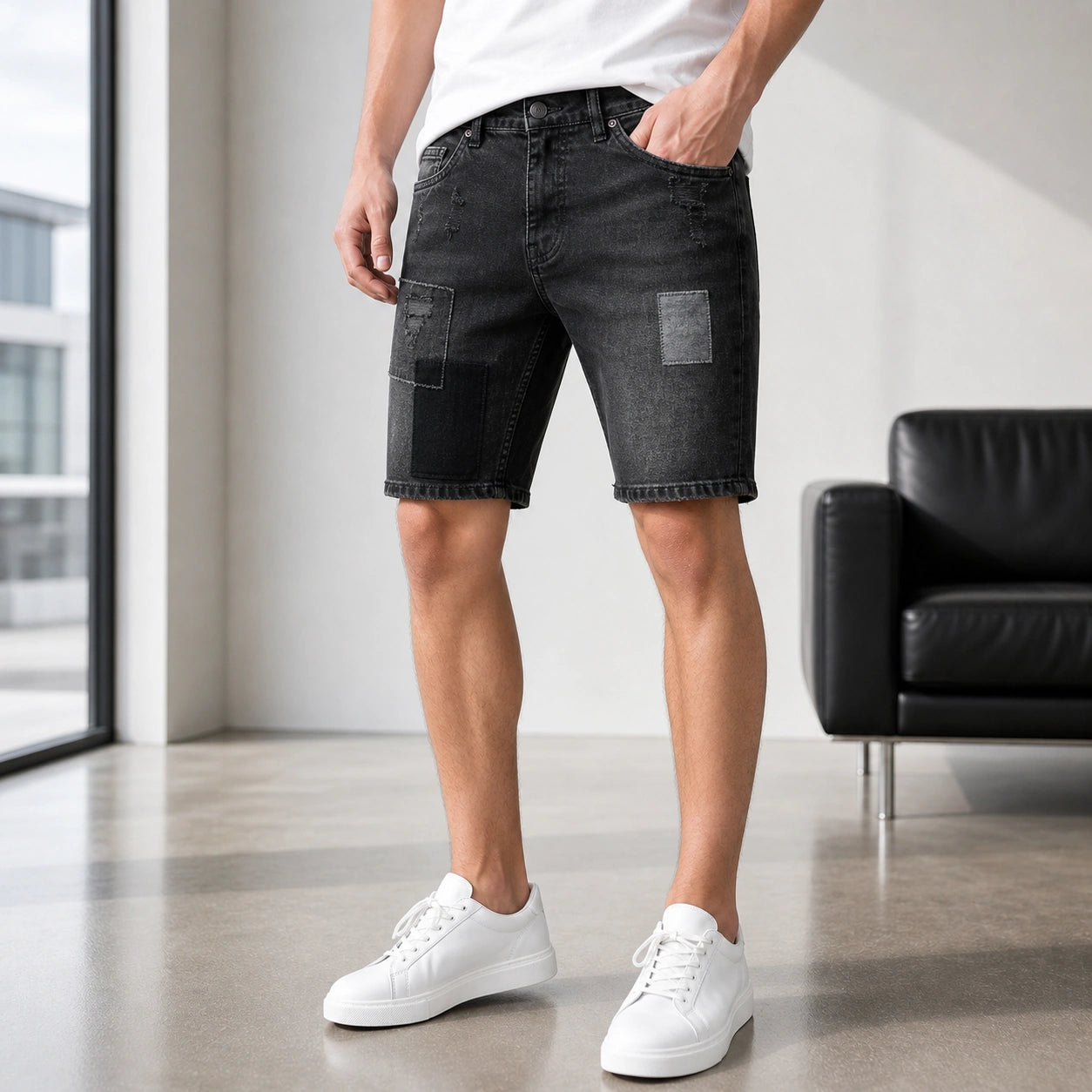 Черни мъжки къси дънки с декоративни кръпки - Shortjeans9 lifestyle front