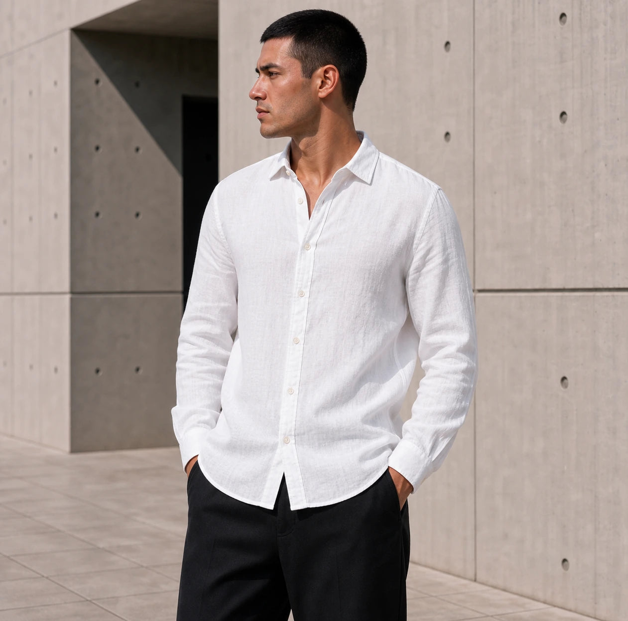 Стилна мъжка ленена риза с дълъг ръкав - WhiteLinenShirt lifestyle front